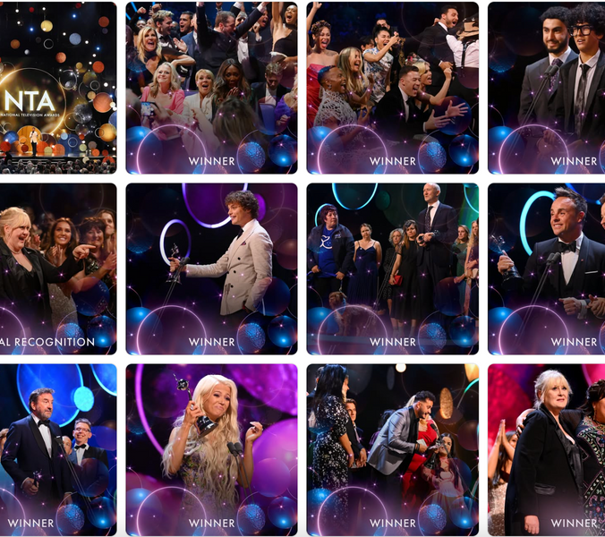 Award recipients pose with trophies at the National Television Awards. Multiple winners and a special recognition recipient are shown in various celebratory poses on a dark background with sparkling orbs. The text reads: NTA NATIONAL TELEVISION AWARDS, WINNER (repeated multiple times), and SPECIAL RECOGNITION.