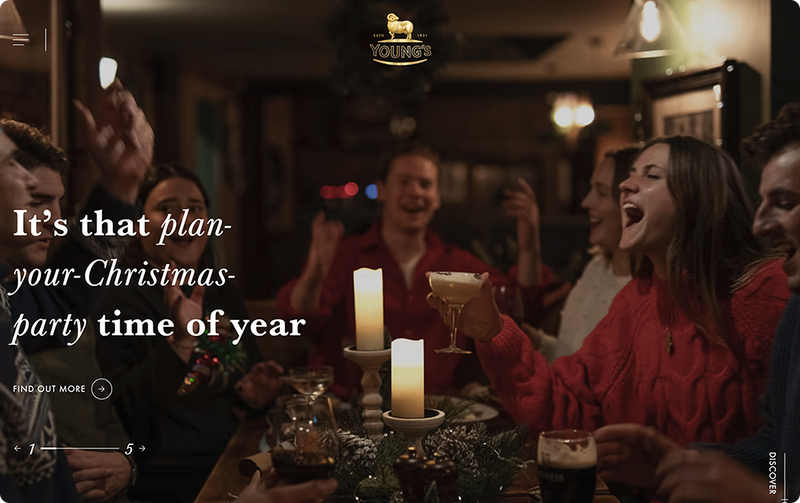 A group of people celebrate at a table, joyfully raising glasses and making toasts in a dimly lit pub. ""It's that plan-your-Christmas-party time of year." "FIND OUT MORE" and page numbers "1" and "5" are also visible.