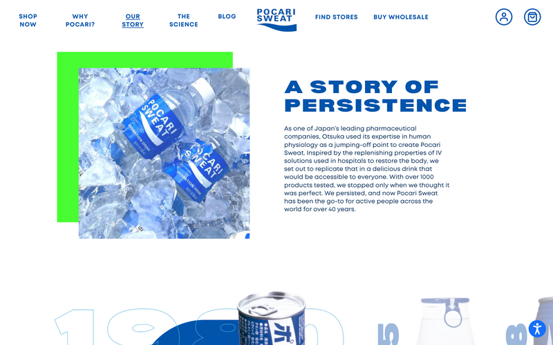 Pocari Sweat bottles are nestled in ice. The context is a website showcasing the drink's history. ""A STORY OF PERSISTENCE"" is a headline. The text details the drink's development, inspired by IV solutions, and its forty-year history.
