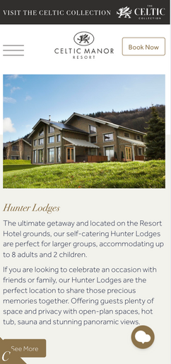 A large, wood-sided lodge sits on a grassy hill overlooking a scenic landscape. The lodge is described as a self-catering option perfect for large groups, accommodating up to eight adults and two children. The text also highlights its suitability for celebrations with friends or family, featuring amenities like a hot tub and sauna.
