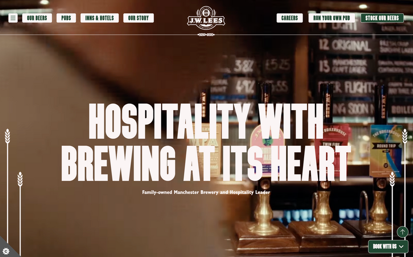 Beer taps sit on a bar; the text proclaims "HOSPITALITY WITH BREWING AT ITS HEART," subtitled "Family-owned Manchester Brewery and Hospitality Leader."