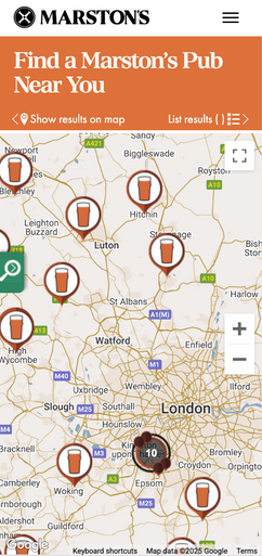 A map displays Marston's pubs; pint icons mark locations around London; a search function is available.