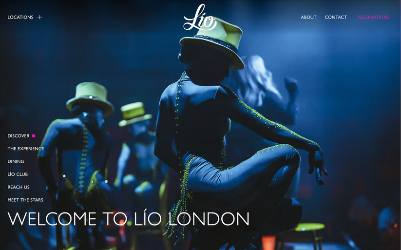 A performer, wearing a dark bodysuit and top hat, sits in a dimly lit club. The words ""WELCOME TO LÍO LONDON"" are displayed prominently. Other performers are visible in the background.