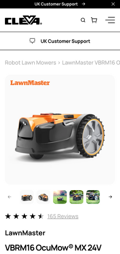 A robotic lawnmower, displayed prominently, is shown on a webpage. It is orange and grey, and the text reads: “LawnMaster VBRM16 OcuMow® MX 24V,” with 165 reviews.