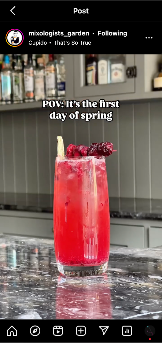 A red spring cocktail sits on a dark marble countertop. The drink contains raspberries and is garnished with a lemon slice and mulberry. It's in a tall glass, in a kitchen setting. POV: It's the first day of spring.